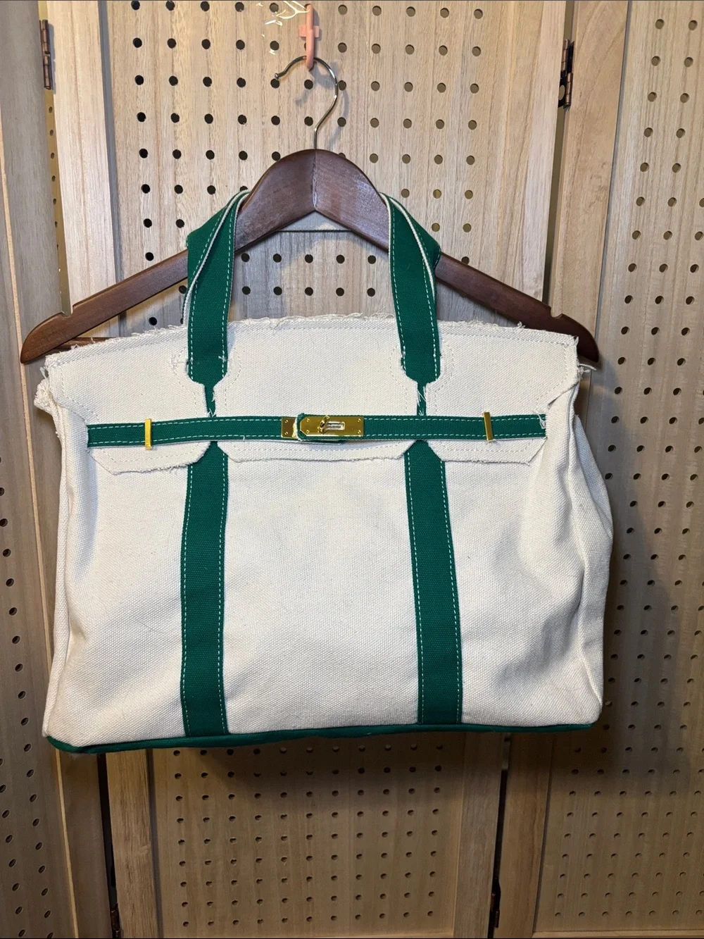 “Boatkin” absolutely precious Canvas Tote with Green Trim Birkin boat tote